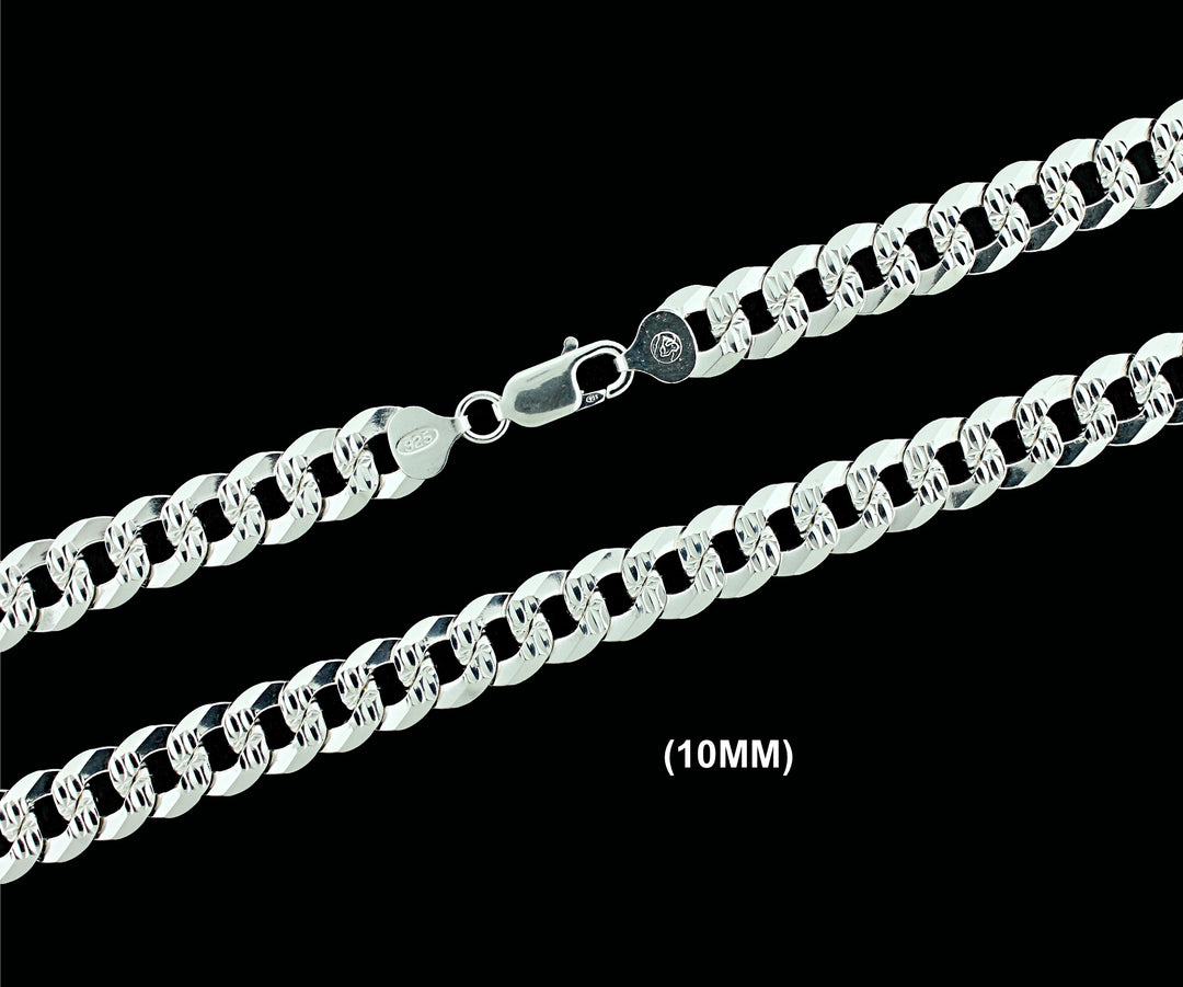 10MM Solid 925 Sterling Silver Diamond Cut Cuban Curb Chain Necklace or Bracelet ITALY