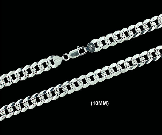 10MM Solid 925 Sterling Silver Diamond Cut Cuban Curb Chain Necklace or Bracelet ITALY