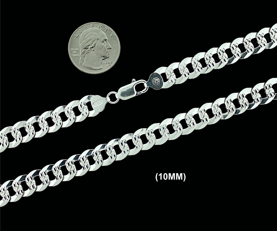10MM Real Solid 925 Sterling Silver Diamond Cut Curb Link Chain Pendant Necklace UNISEX