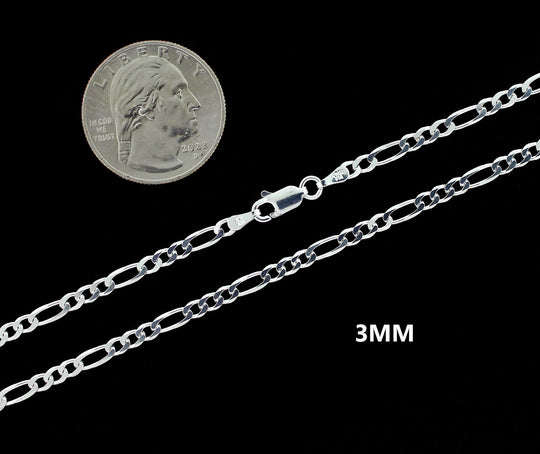 Real 3MM Solid 925 Sterling Silver Italian FIGARO LINK CHAIN Necklace UNISEX