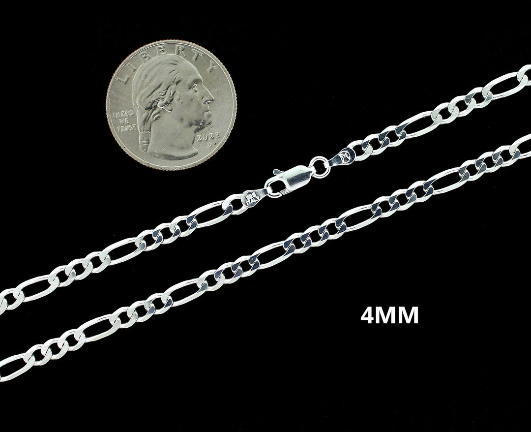 Real 4MM Solid 925 Sterling Silver Italian FIGARO LINK CHAIN Necklace UNISEX