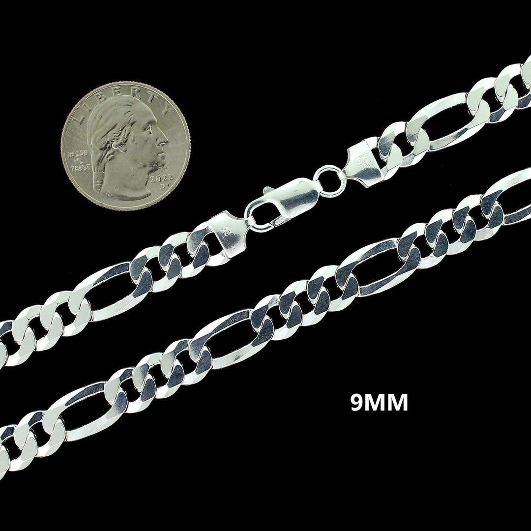 9MM Solid 925 Sterling Silver Figaro Link Chain Necklace or Bracelet ITALY