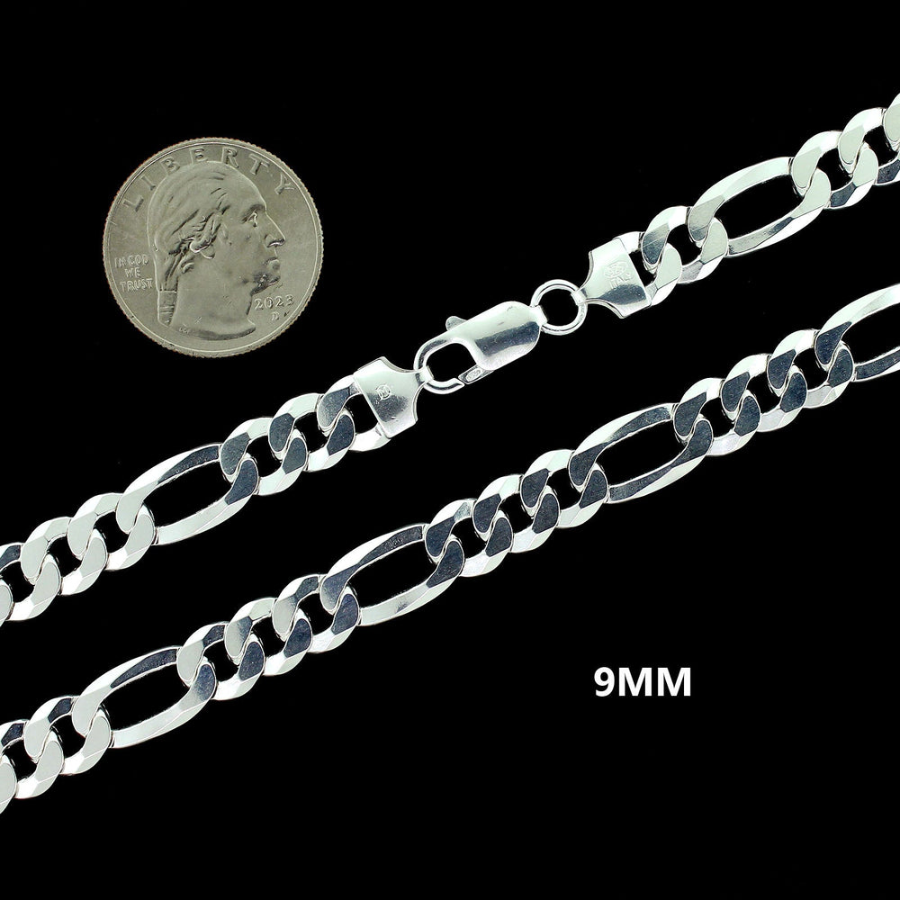 Real 9MM Solid 925 Sterling Silver FIGARO LINK CHAIN Necklace, Mens Womens, ITALY