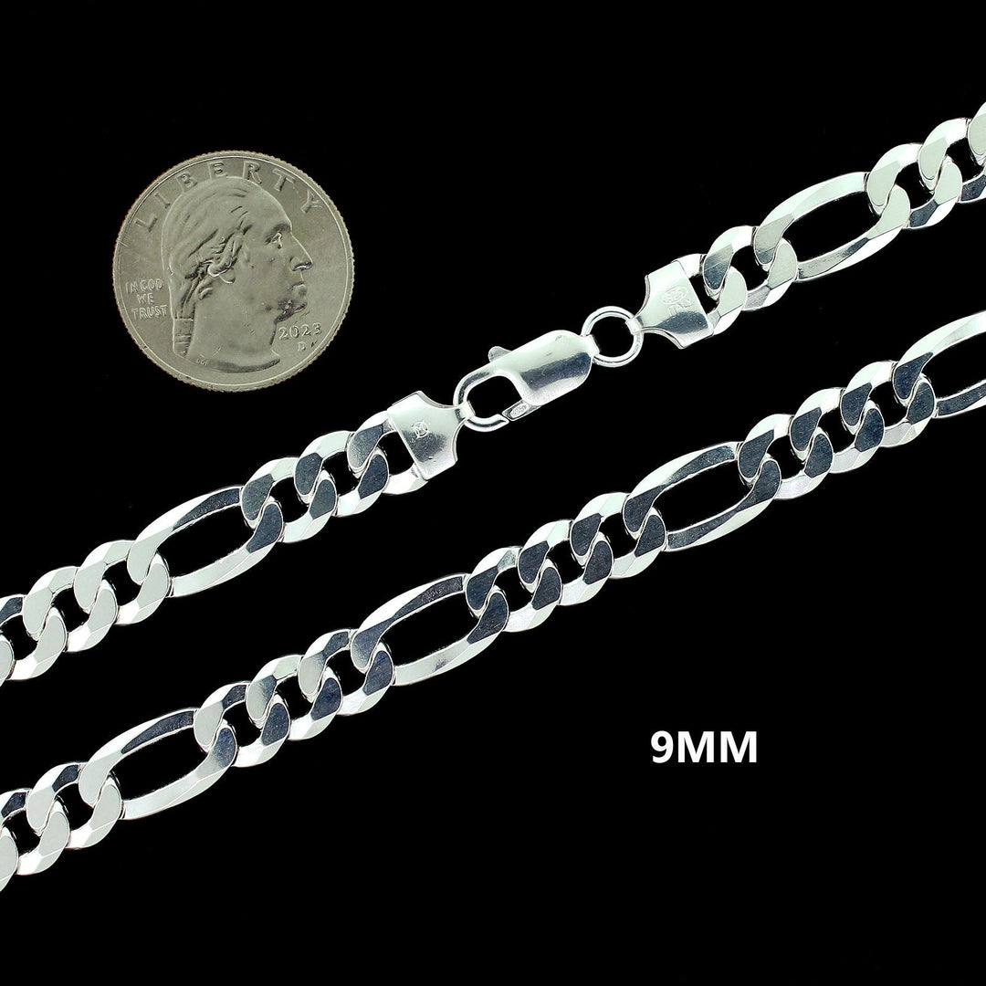 Real 9MM Solid 925 Sterling Silver FIGARO LINK CHAIN Necklace, Mens Womens, ITALY