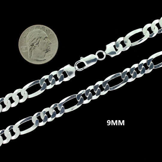 Real 9MM Solid 925 Sterling Silver FIGARO LINK CHAIN Necklace, Mens Womens, ITALY