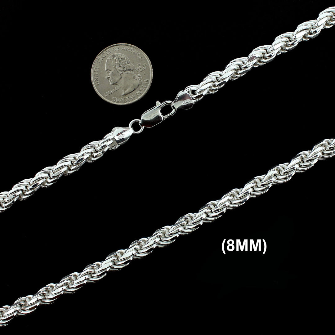 8MM Solid 925 Sterling Silver Diamond-Cut Rope Chain Necklace or Bracelet ITALY