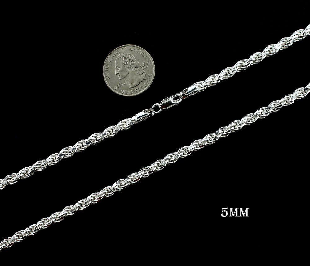 5MM Solid 925 Sterling Silver Italian DIAMOND CUT ROPE CHAIN Necklace UNISEX