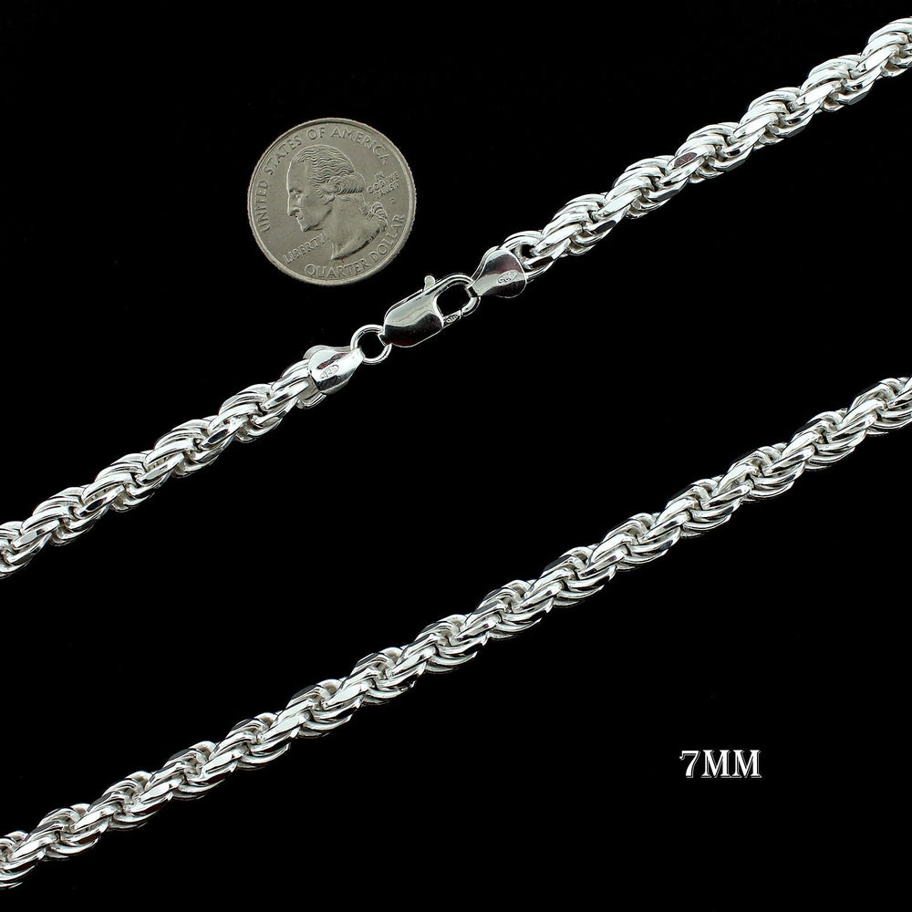 7MM Solid 925 Sterling Silver Diamond-Cut Rope Chain Necklace or Bracelet ITALY