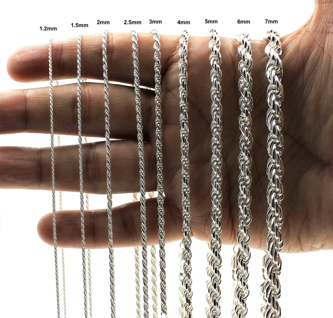 Real Solid 925 Sterling Silver Diamond Cut Rope Chain Necklace Bracelet 1.2mm 1.5mm 2mm 2.5mm 3mm 4mm 5mm 6mm 7mm Gift For Men &amp; Women ITALY