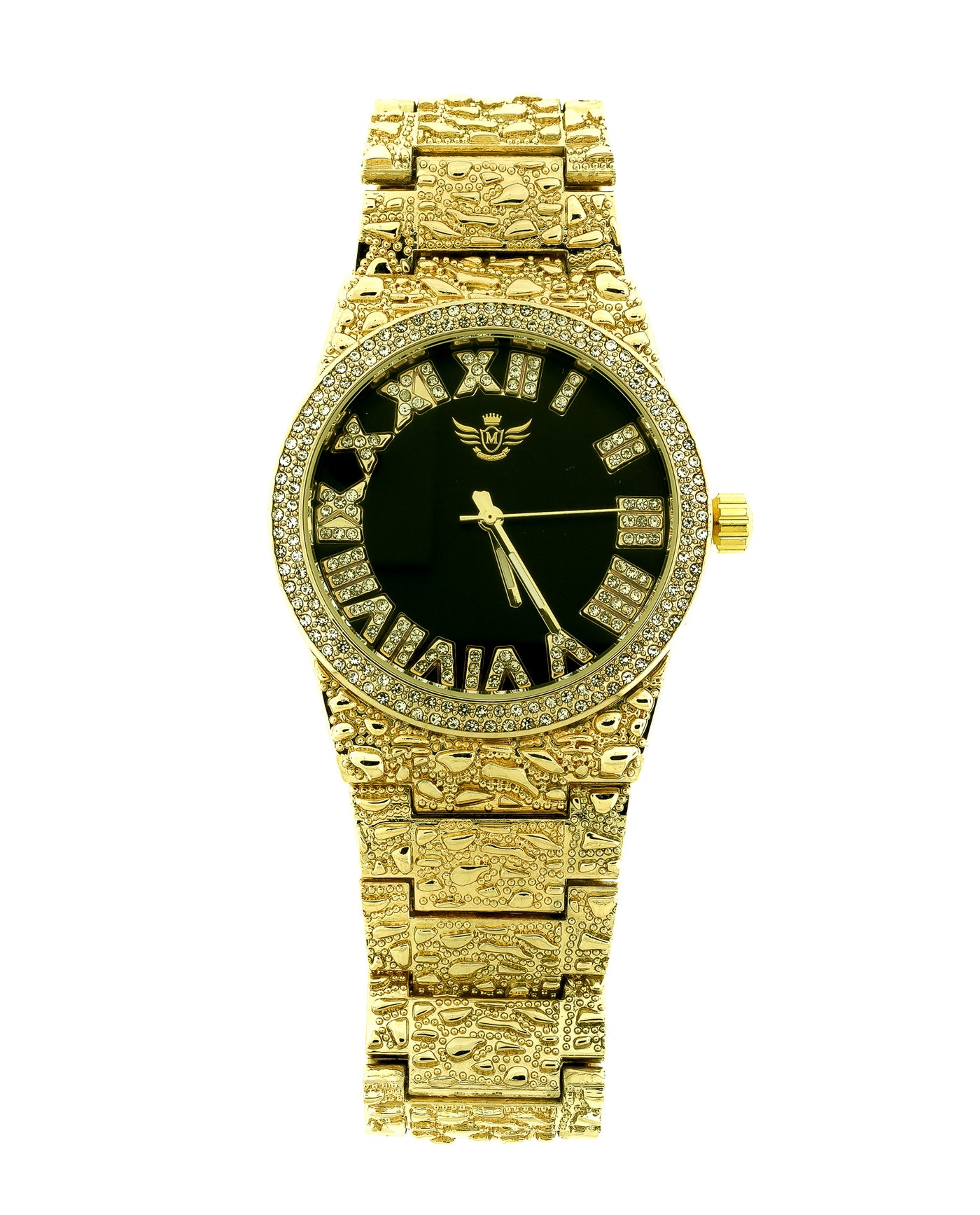 14K Gold Plated Nugget Watch Mens Iced CZ Hip Hop Black Roman Numeral Dial