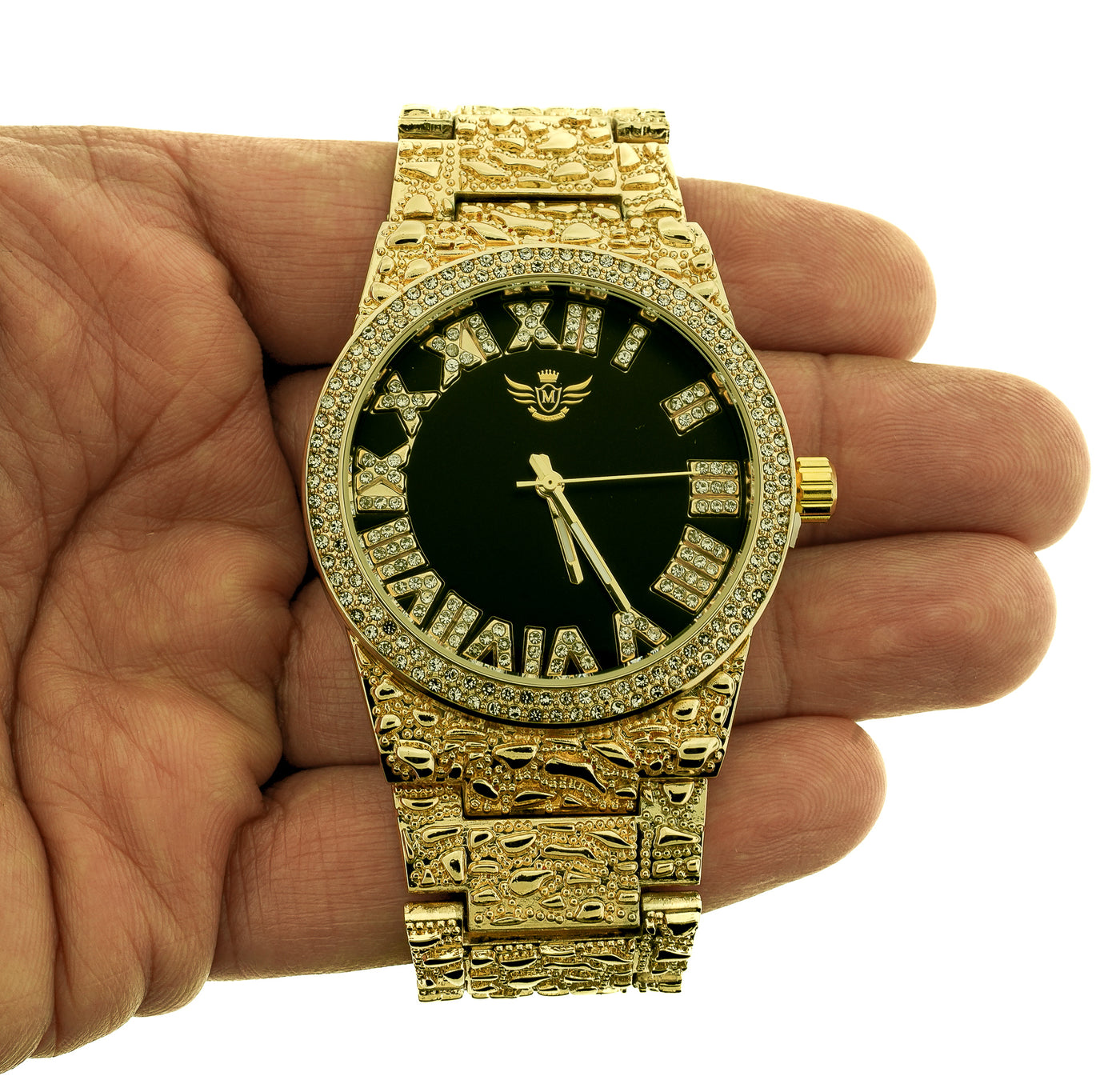 14K Gold Plated Nugget Watch Mens Iced CZ Hip Hop Black Roman Numeral Dial