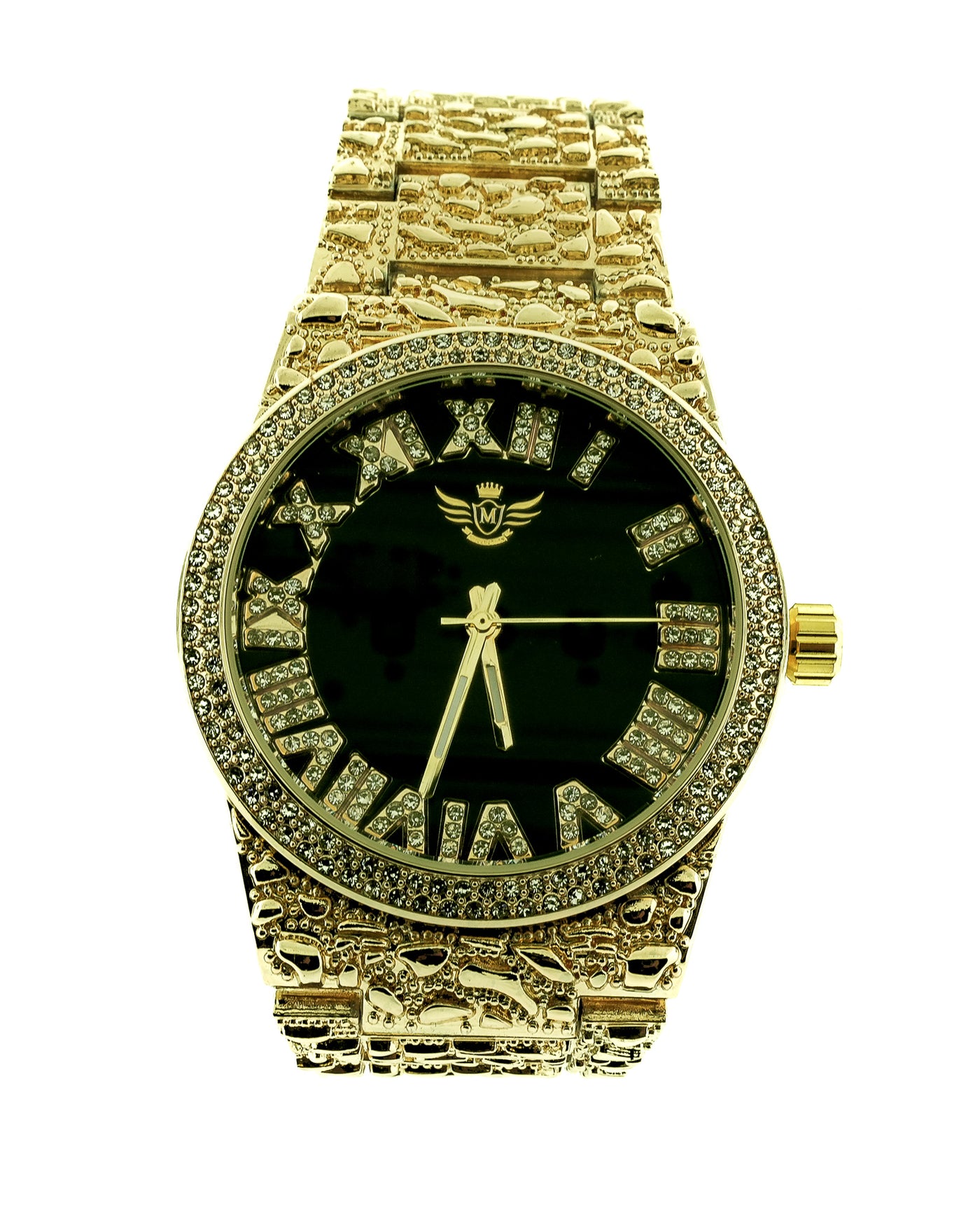 14K Gold Plated Nugget Watch Mens Iced CZ Hip Hop Black Roman Numeral Dial