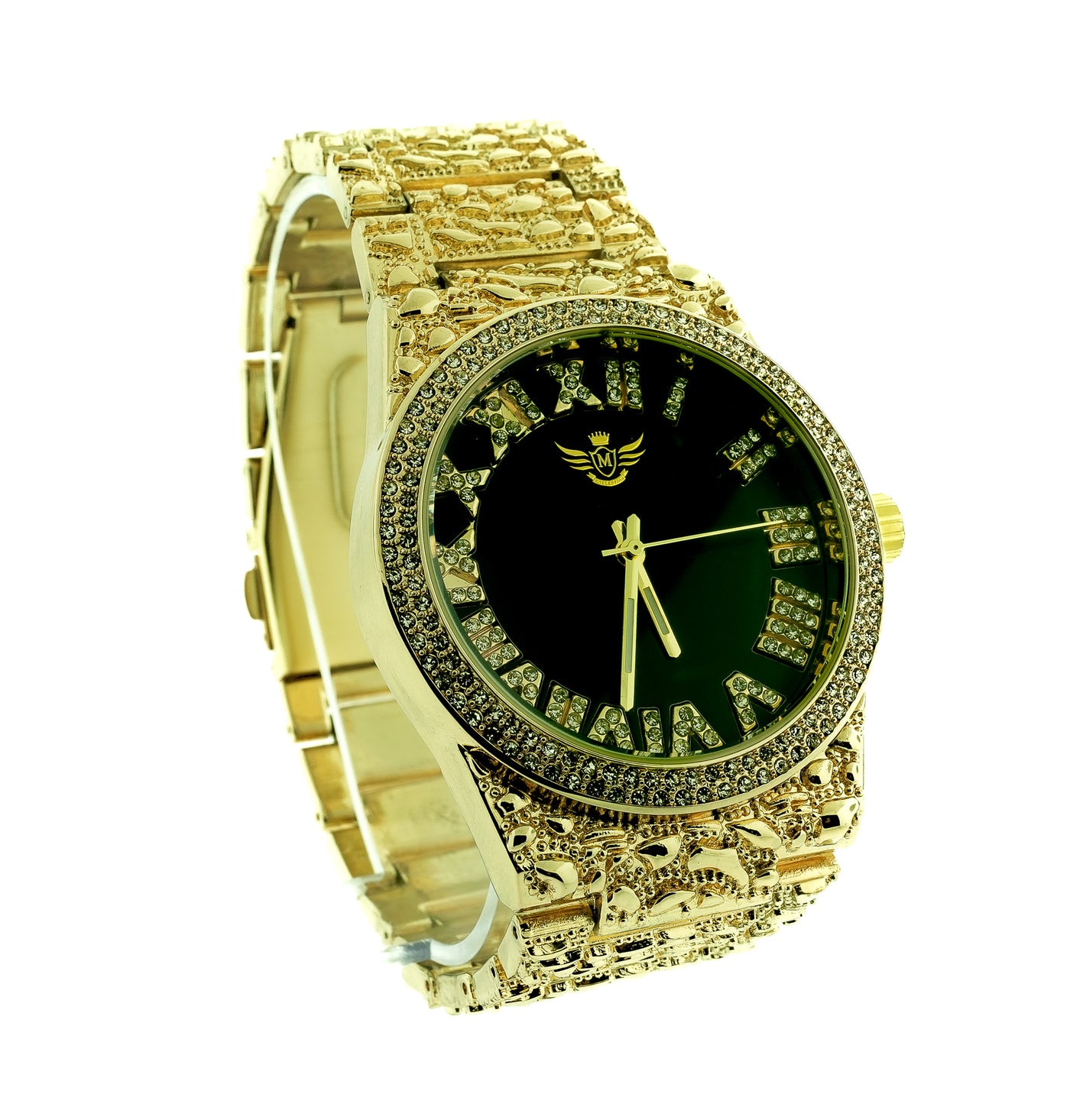 14K Gold Plated Nugget Watch Mens Iced CZ Hip Hop Black Roman Numeral Dial