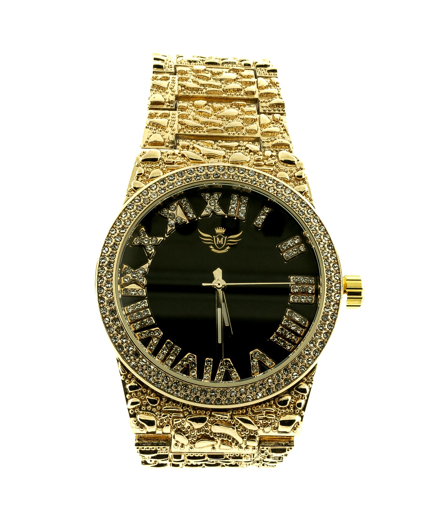 14K Gold Plated Nugget Watch Mens Iced CZ Hip Hop Black Roman Numeral Dial