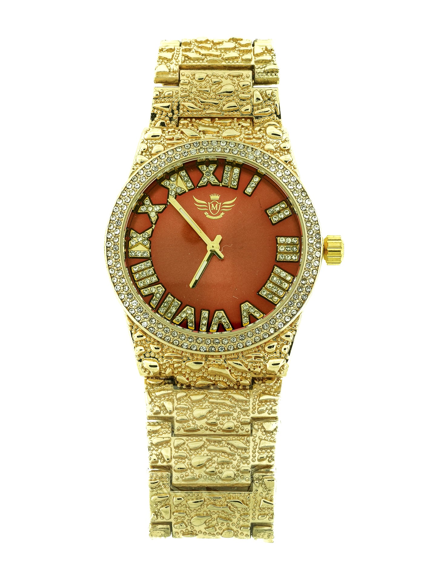 14K Gold Plated Nugget Watch Mens Iced CZ Hip Hop Red Roman Numeral Dial