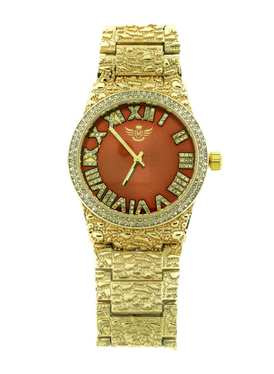 14K Gold Plated Nugget Watch Mens Iced CZ Hip Hop Red Roman Numeral Dial