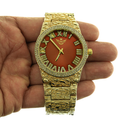 14K Gold Plated Nugget Watch Mens Iced CZ Hip Hop Red Roman Numeral Dial