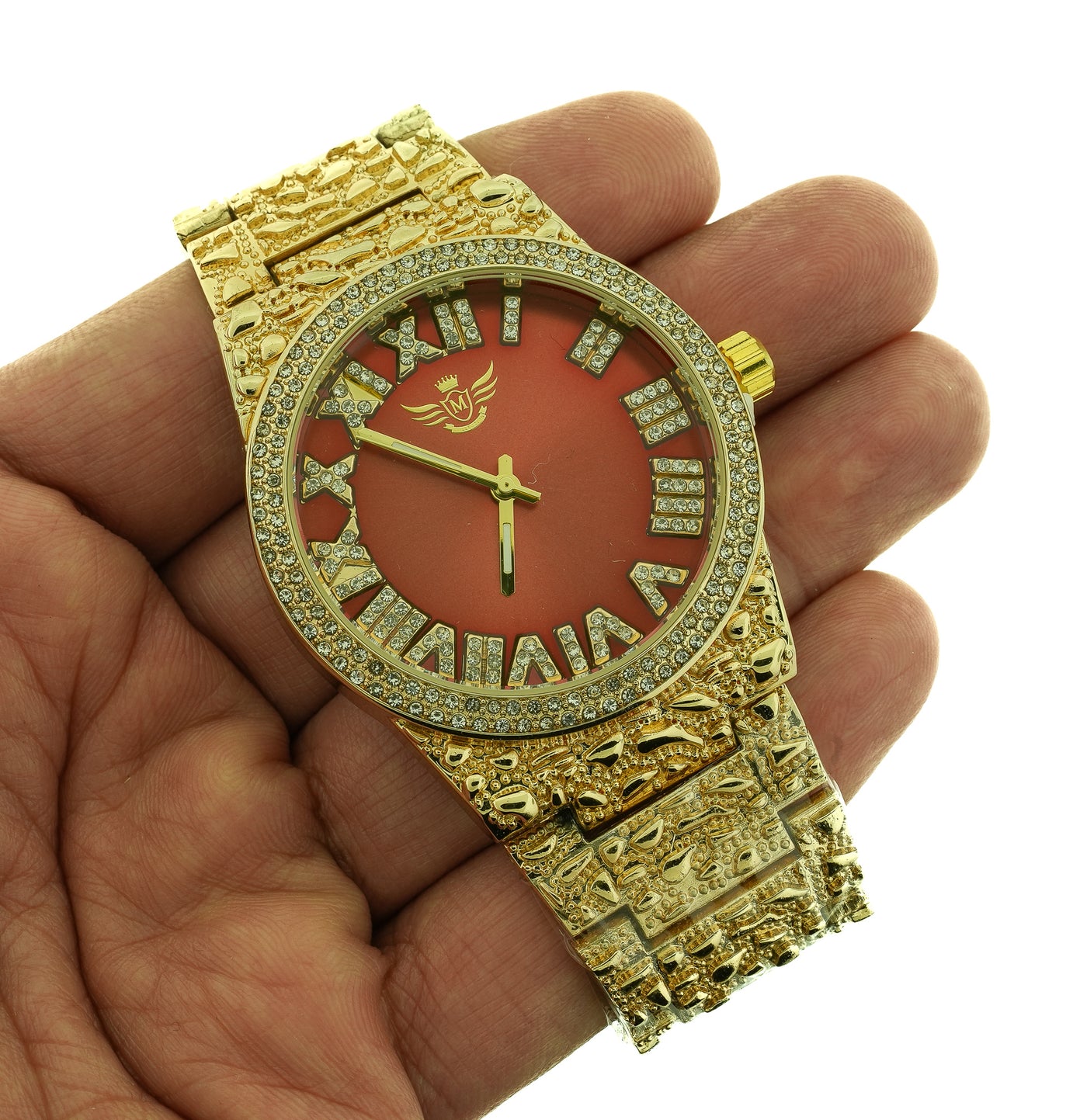 14K Gold Plated Nugget Watch Mens Iced CZ Hip Hop Red Roman Numeral Dial