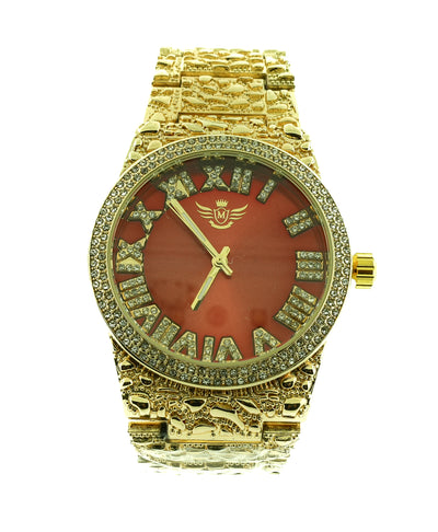 14K Gold Plated Nugget Watch Mens Iced CZ Hip Hop Red Roman Numeral Dial