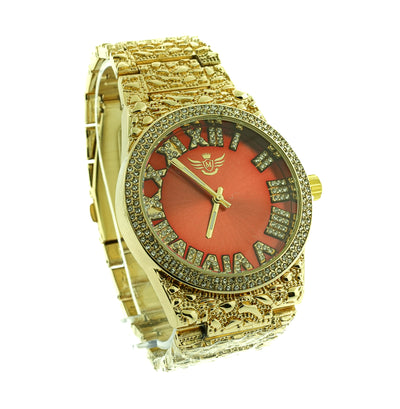 14K Gold Plated Nugget Watch Mens Iced CZ Hip Hop Red Roman Numeral Dial