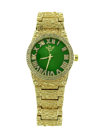 14K Gold Plated Nugget Watch Mens Iced CZ Hip Hop Green Roman Numeral Dial