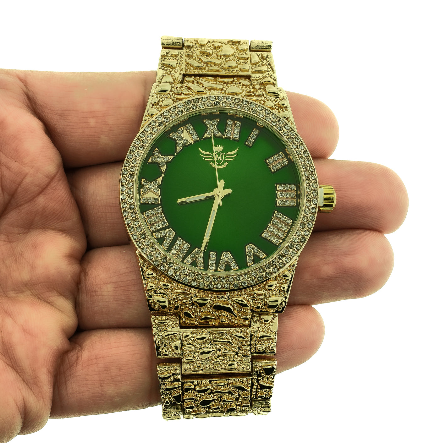 14K Gold Plated Nugget Watch Mens Iced CZ Hip Hop Green Roman Numeral Dial