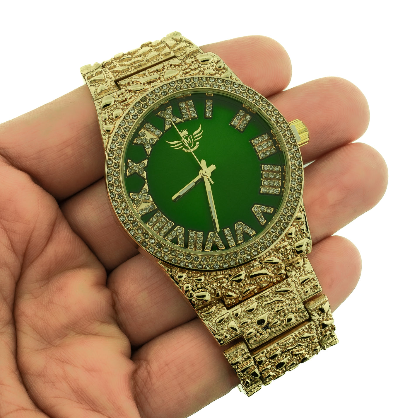 14K Gold Plated Nugget Watch Mens Iced CZ Hip Hop Green Roman Numeral Dial