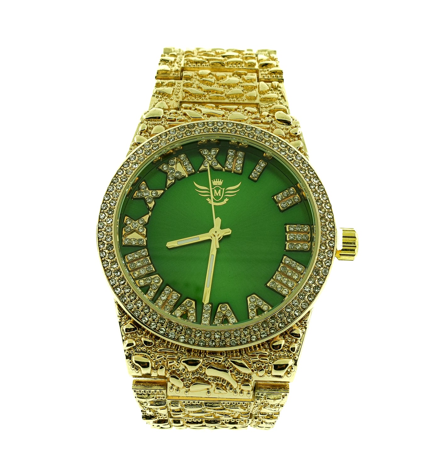 14K Gold Plated Nugget Watch Mens Iced CZ Hip Hop Green Roman Numeral Dial