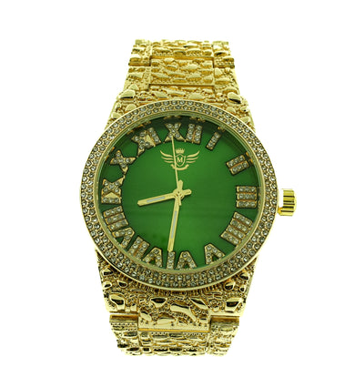 14K Gold Plated Nugget Watch Mens Iced CZ Hip Hop Green Roman Numeral Dial