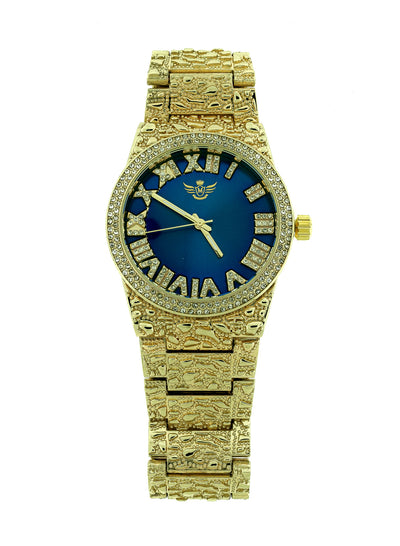 14K Gold Plated Nugget Watch Mens Iced CZ Hip Hop Blue Roman Numeral Dial