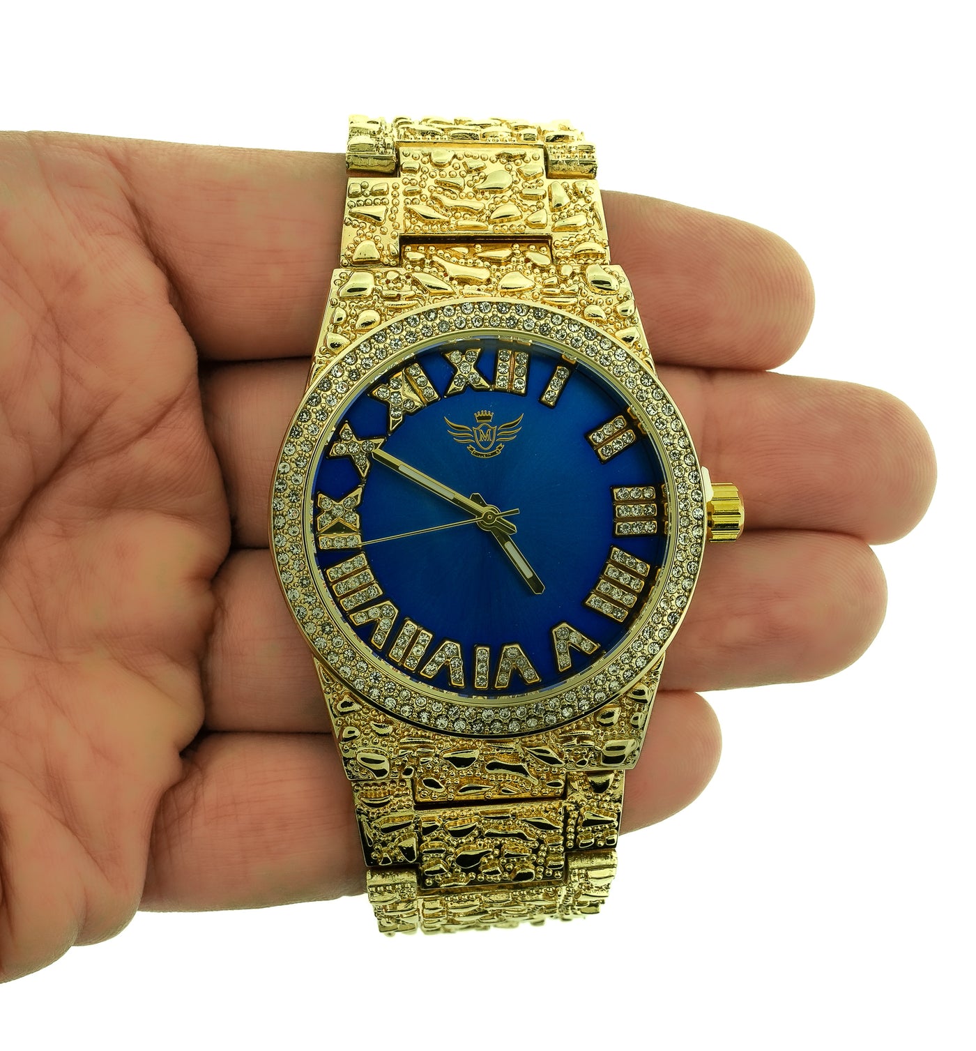 14K Gold Plated Nugget Watch Mens Iced CZ Hip Hop Blue Roman Numeral Dial