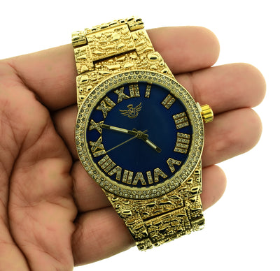 14K Gold Plated Nugget Watch Mens Iced CZ Hip Hop Blue Roman Numeral Dial