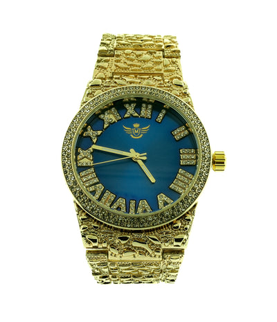 14K Gold Plated Nugget Watch Mens Iced CZ Hip Hop Blue Roman Numeral Dial