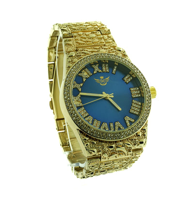 14K Gold Plated Nugget Watch Mens Iced CZ Hip Hop Blue Roman Numeral Dial