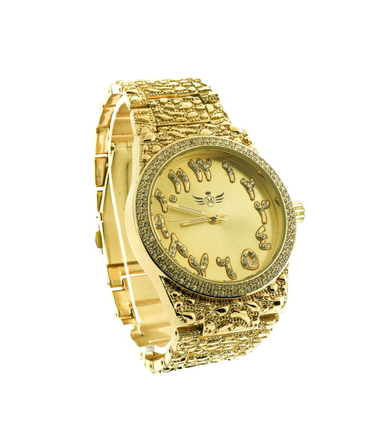 14K Gold Plated Nugget Watch Mens Iced CZ Hip Hop Gold
