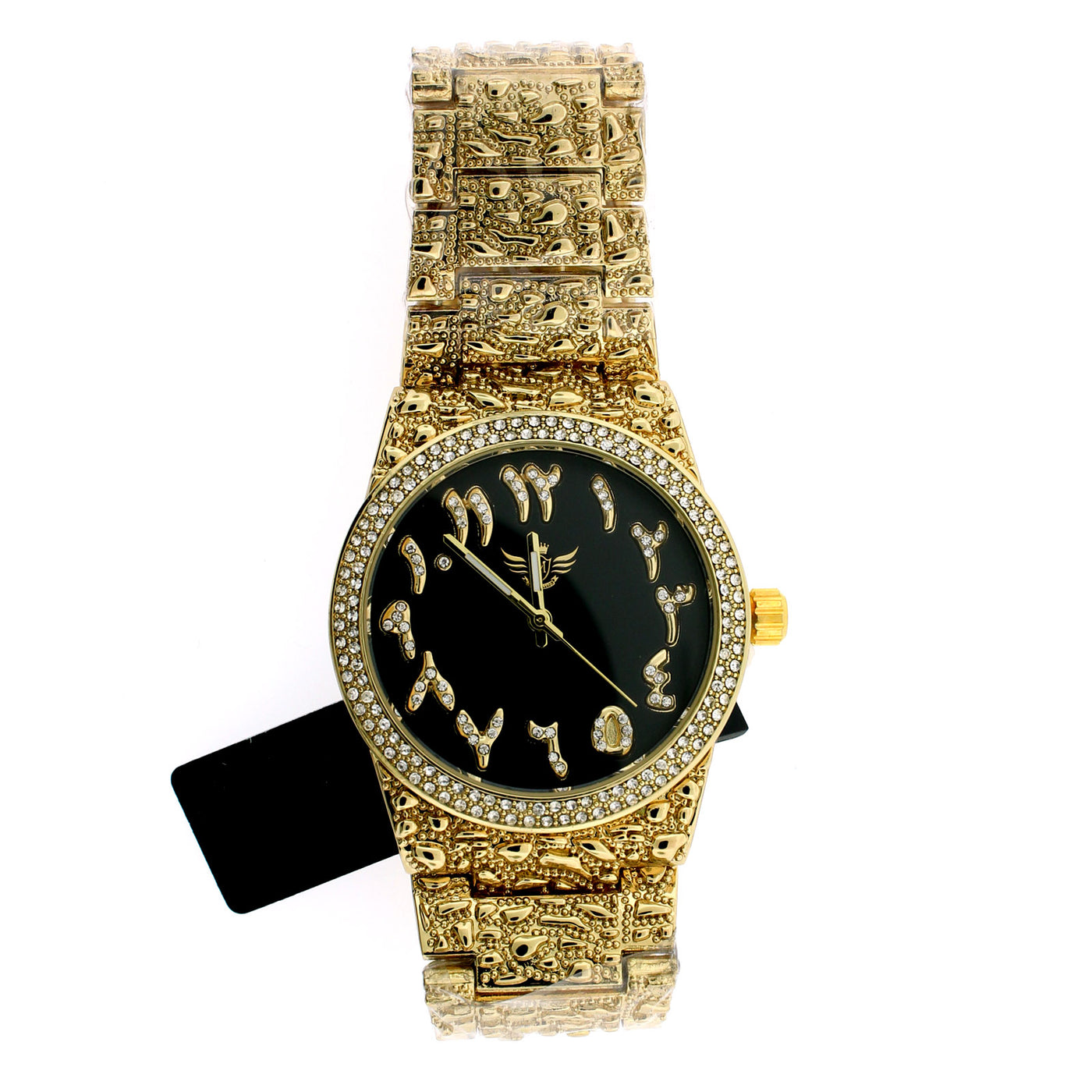 14K Gold Plated Nugget Watch Real Mens Iced CZ Hip Hop Black Arabic Dial