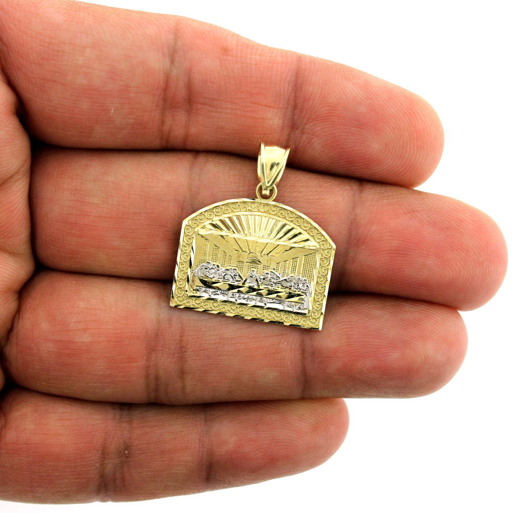 Mens 10K Yellow Gold Last Supper Jesus Charm Pendant & 2.5mm Rope Chain Necklace Set