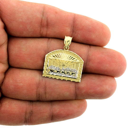 Mens 10K Yellow Gold Last Supper Jesus Charm Pendant &amp; 2.5mm Rope Chain Necklace Set