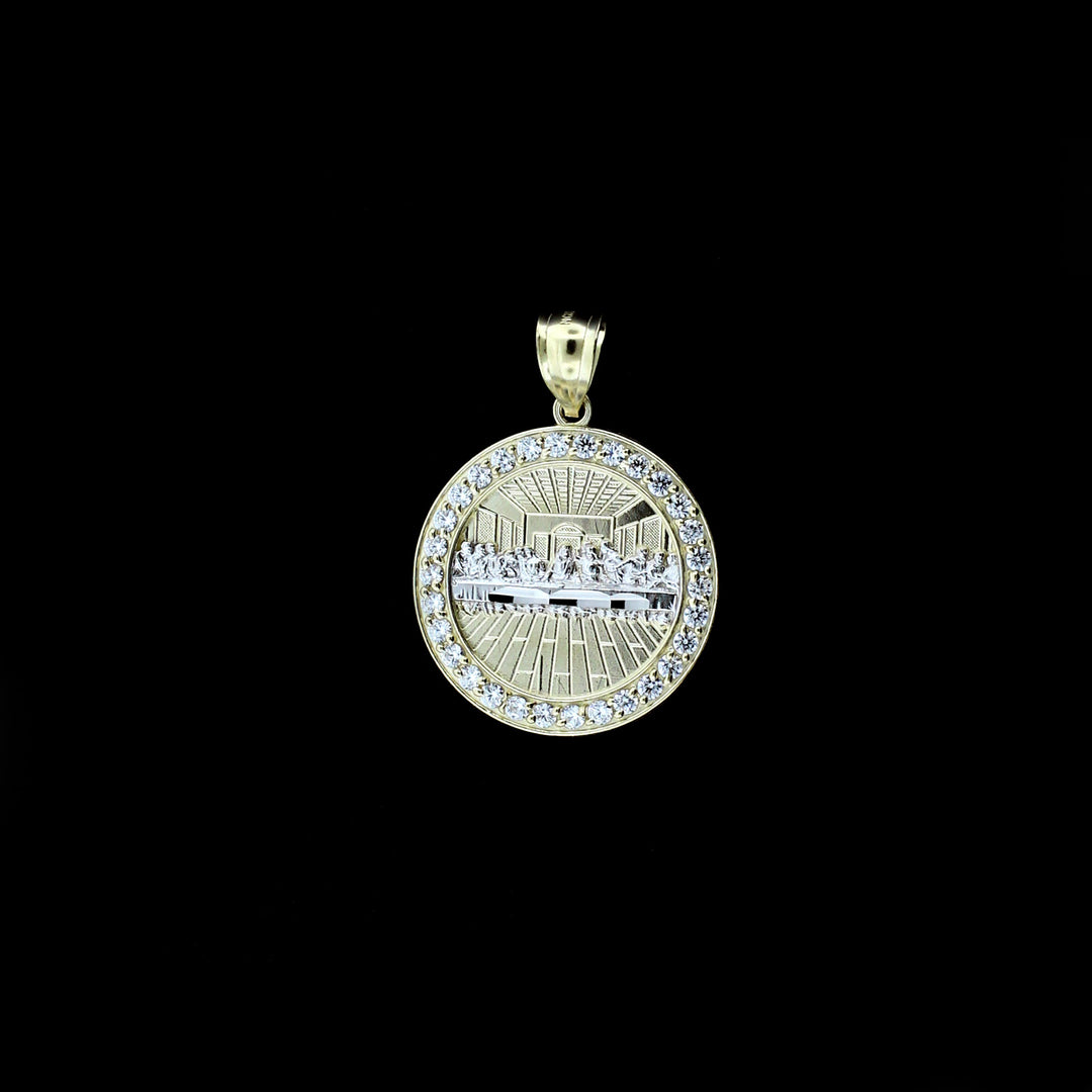 Mens Real 10K Yellow Gold Jesus Last Supper CZ Charm Pendant &amp; 2.5mm Rope Chain Necklace Set