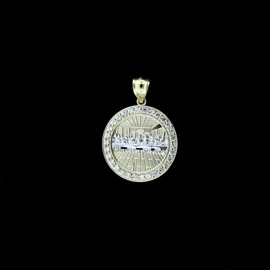 Mens Real 10K Yellow Gold Jesus Last Supper CZ Charm Pendant &amp; 2.5mm Rope Chain Necklace Set