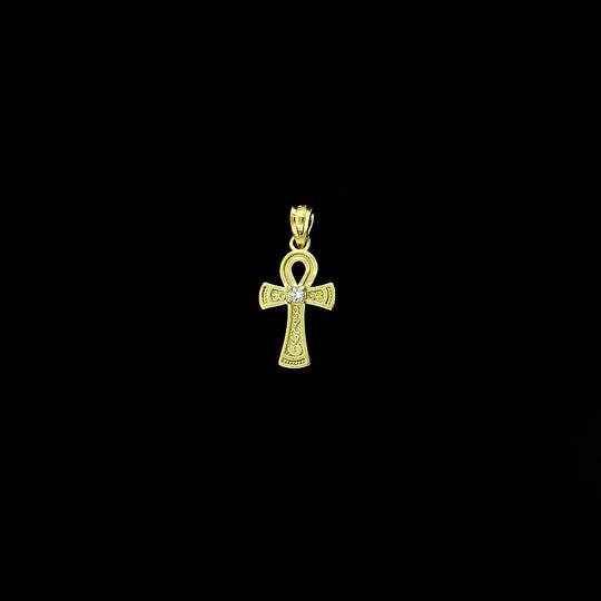 10K Solid Yellow Gold Diamond Cut Egyptian Ankh Cross Charm Pendant