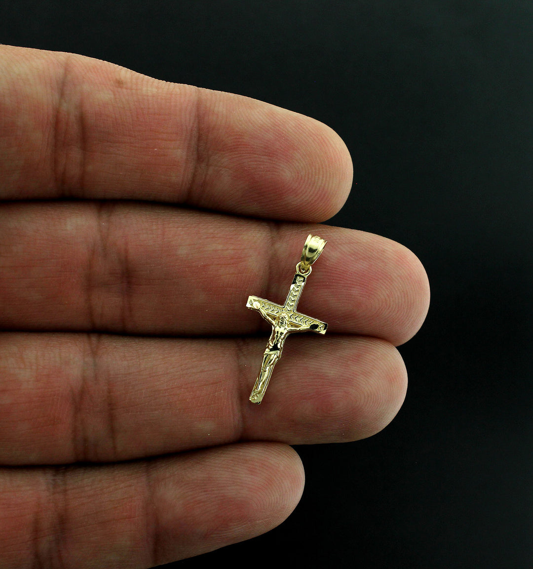 Real 10K Yellow Gold Jesus Cross Charm Pendant Diamond Cut &amp; 2mm Rope Chain