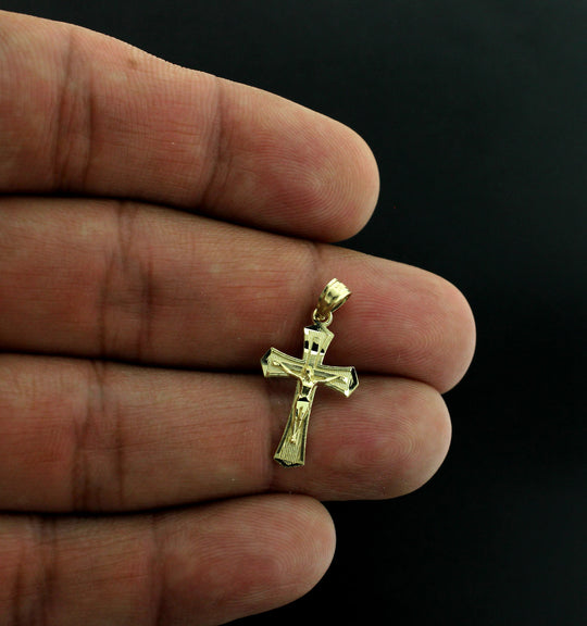 Real 10K Yellow Gold Jesus Cross Charm Pendant Diamond Cut &amp; 2mm Rope Chain