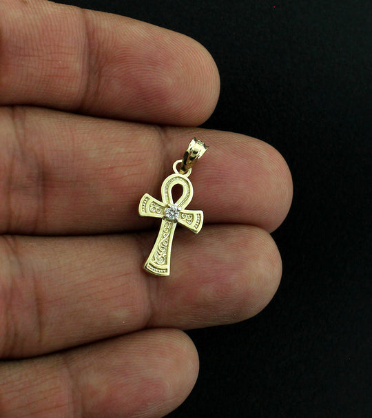 Mens Real 10K Yellow Gold Egyptian Ankh Cross Charm Pendant With 2mm Rope Chain Necklace Set