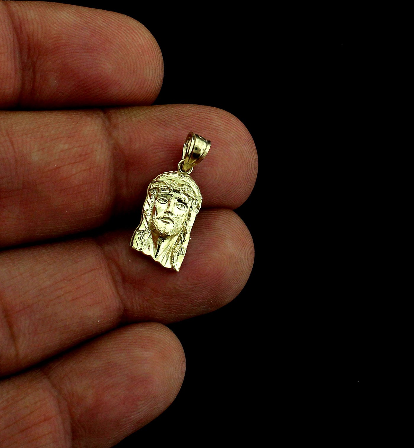10K Yellow Gold Small Jesus Face Head Charm Pendant With 2mm Rope Chain Necklace Set