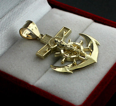 Mens 10K Yellow Gold Anchor Cross Pendant Diamond Cut Jesus Crucifix Charm, 10KT Real Gold