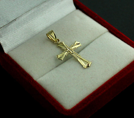 Real 10K Yellow Gold Cross Pendant Diamond Cut Gold Jesus Crucifix Charm
