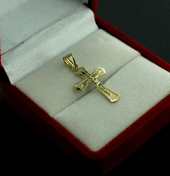 Real 10K Yellow Gold Jesus Cross Charm Pendant Diamond Cut &amp; 2mm Rope Chain