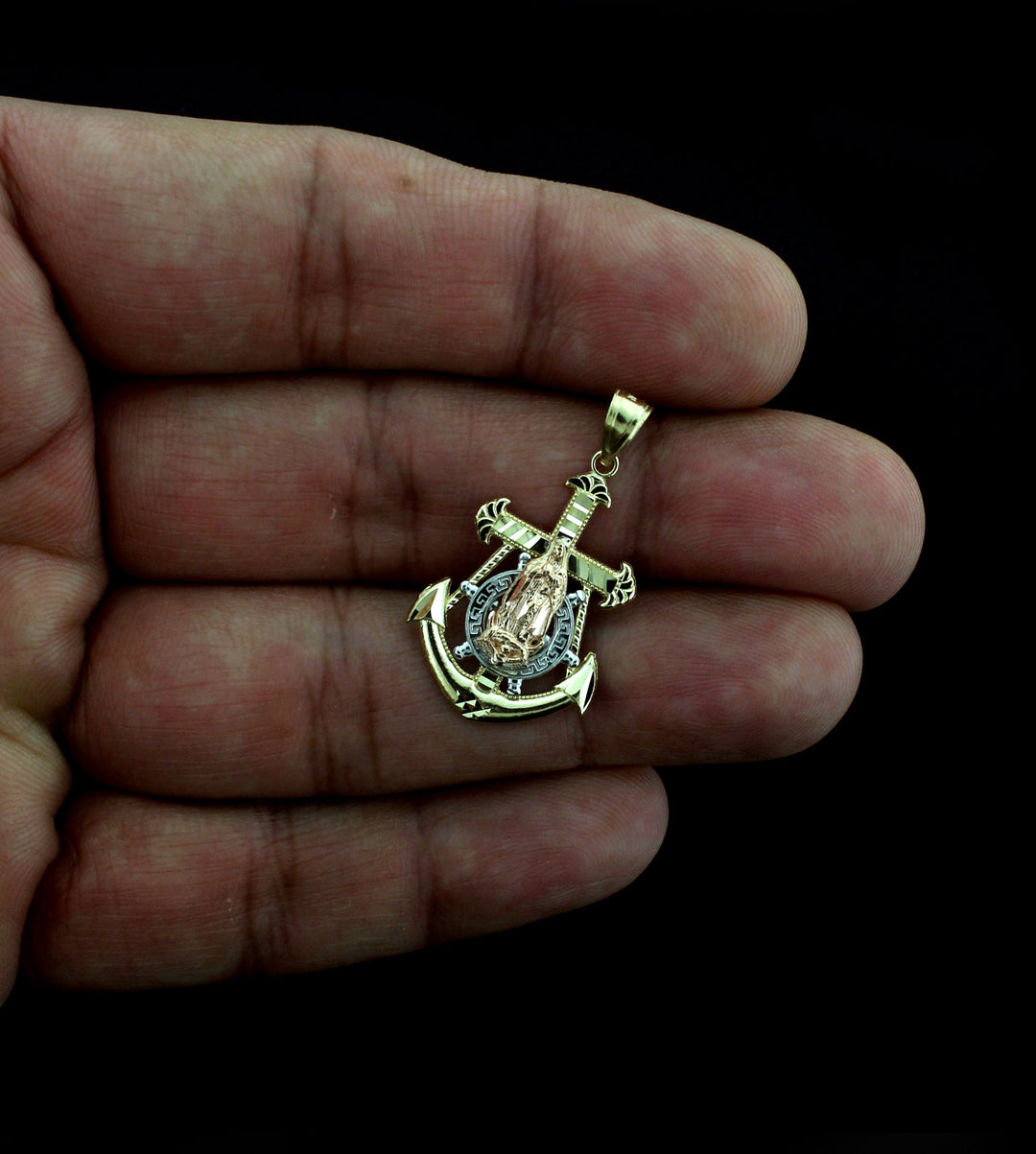 Real 10K Yellow Gold Virgin Mary Anchor Cross Charm Pendant &amp; 2.5mm Rope Chain Necklace Set