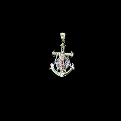 Real 10K Yellow Gold Virgin Mary Anchor Cross Charm Pendant & 2.5mm Rope Chain Necklace Set